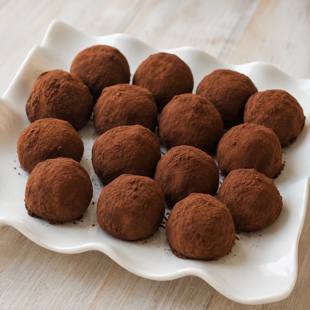 Handgemaakte slagroomtruffels met pure chocolade, bestoven met cacao, op een wit bord