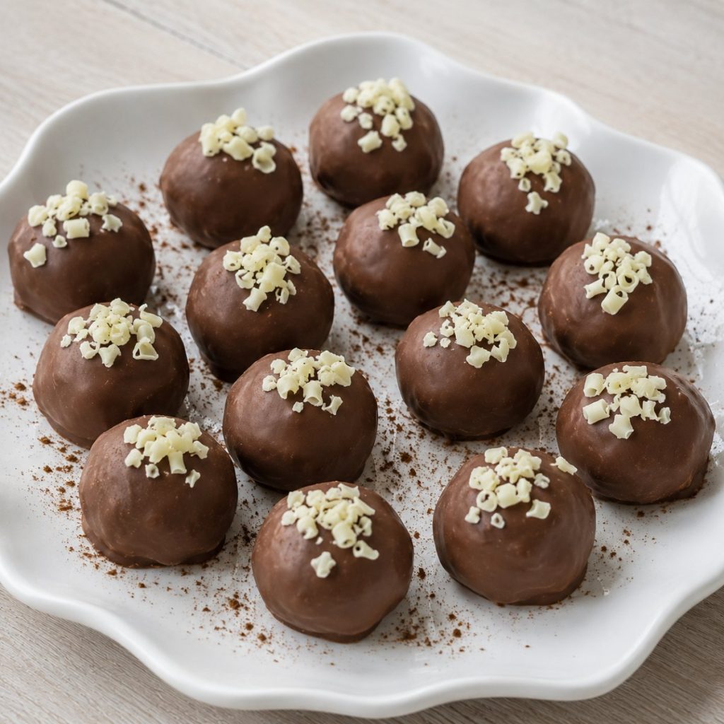 Handgemaakte champagnetruffels met melkchocolade en witte chocoladekrullen, op een wit bord