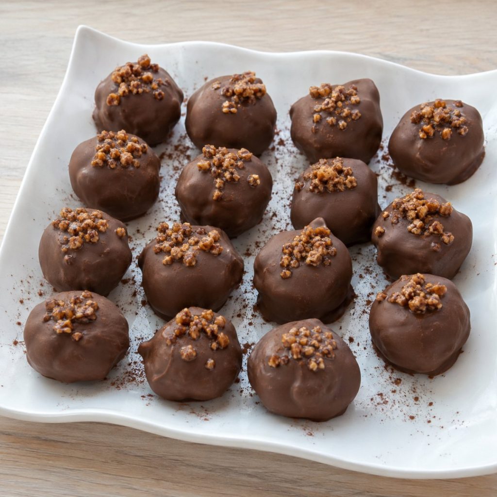 Handgemaakte karameltruffels met melkchocolade en hazelnootkrokant, op een wit bord