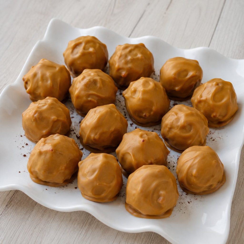 Handgemaakte slagroomtruffels omhuld met goudblonde karamelchocolade, op een wit bord