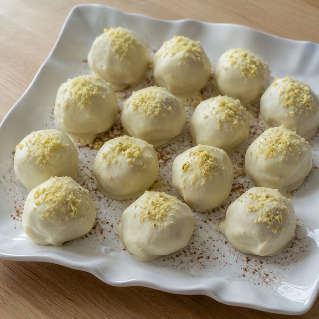 Handgemaakte limoncellotruffels met witte chocolade en citroenschil, op een wit bord