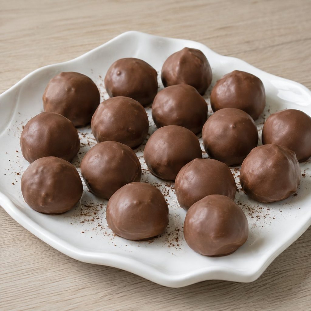 Handgemaakte slagroomtruffels omhuld met melkchocolade, op een wit bord