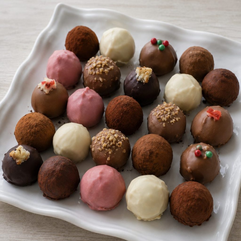 Schaal met twintig verschillende slagroomtruffels