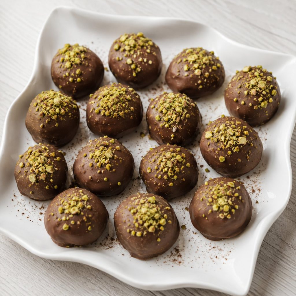 Handgemaakte pistachetruffels met melkchocolade en gekruimelde pistachenoten, op een wit bord