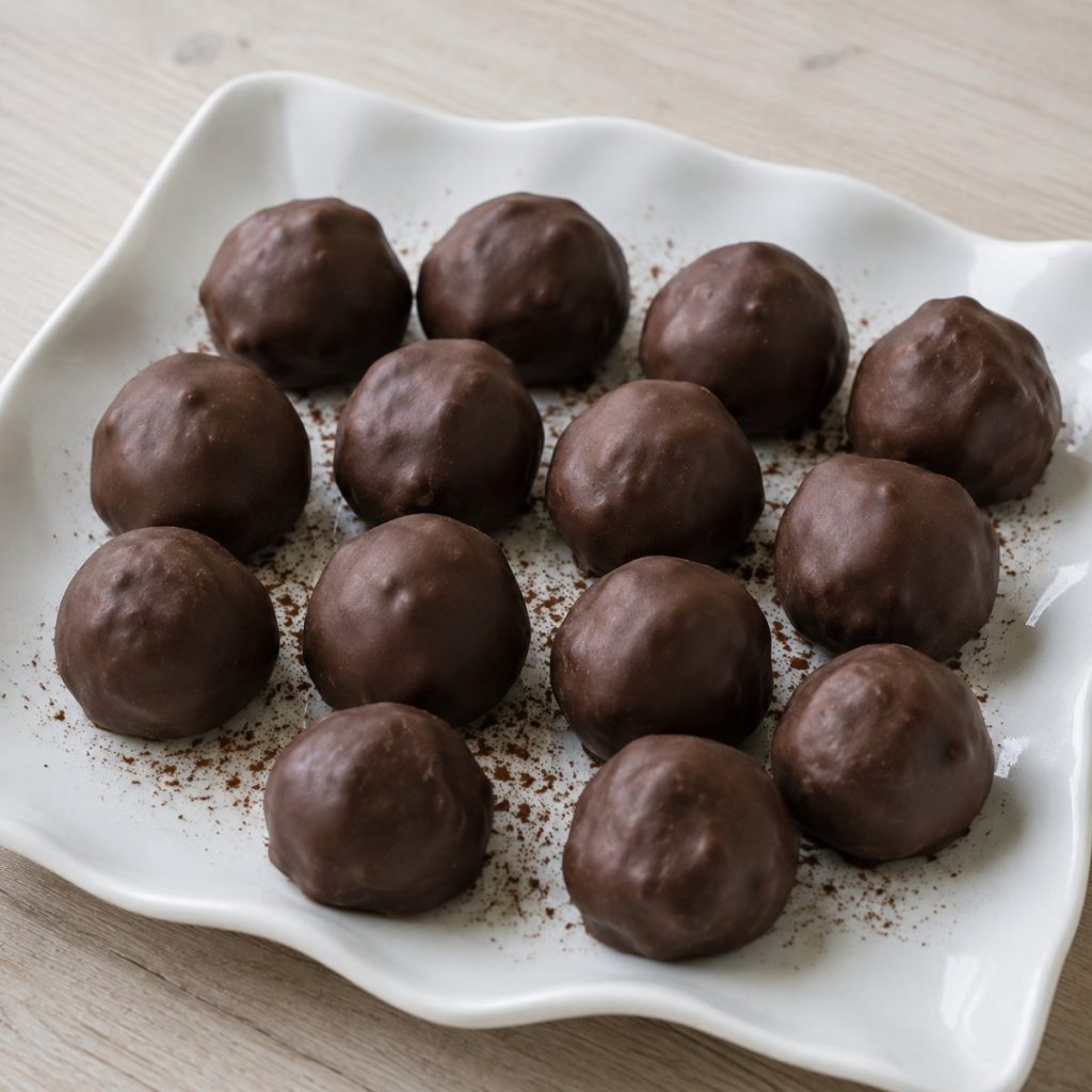Handgemaakte slagroomtruffels omhuld met pure Callebaut-chocolade, op een wit bord