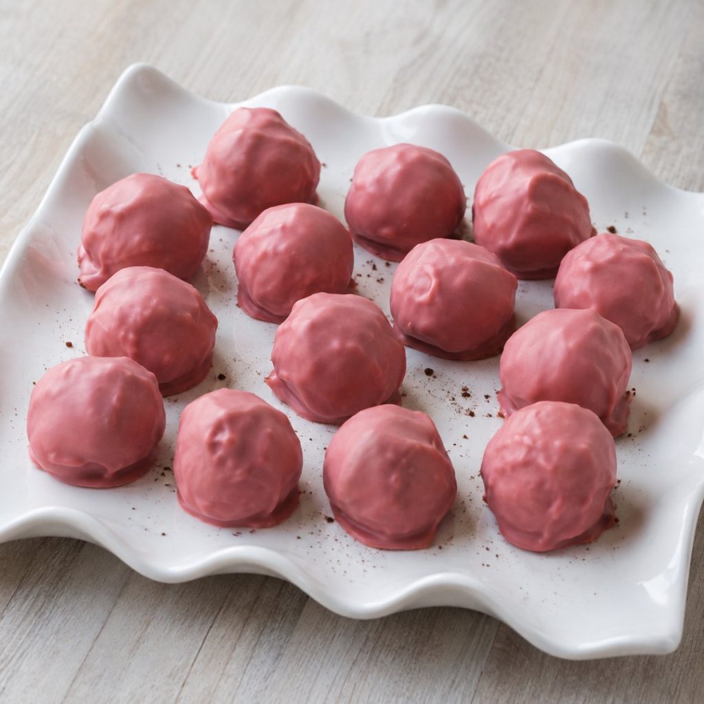 Handgemaakte slagroomtruffels omhuld met roze ruby-chocolade, op een wit bord