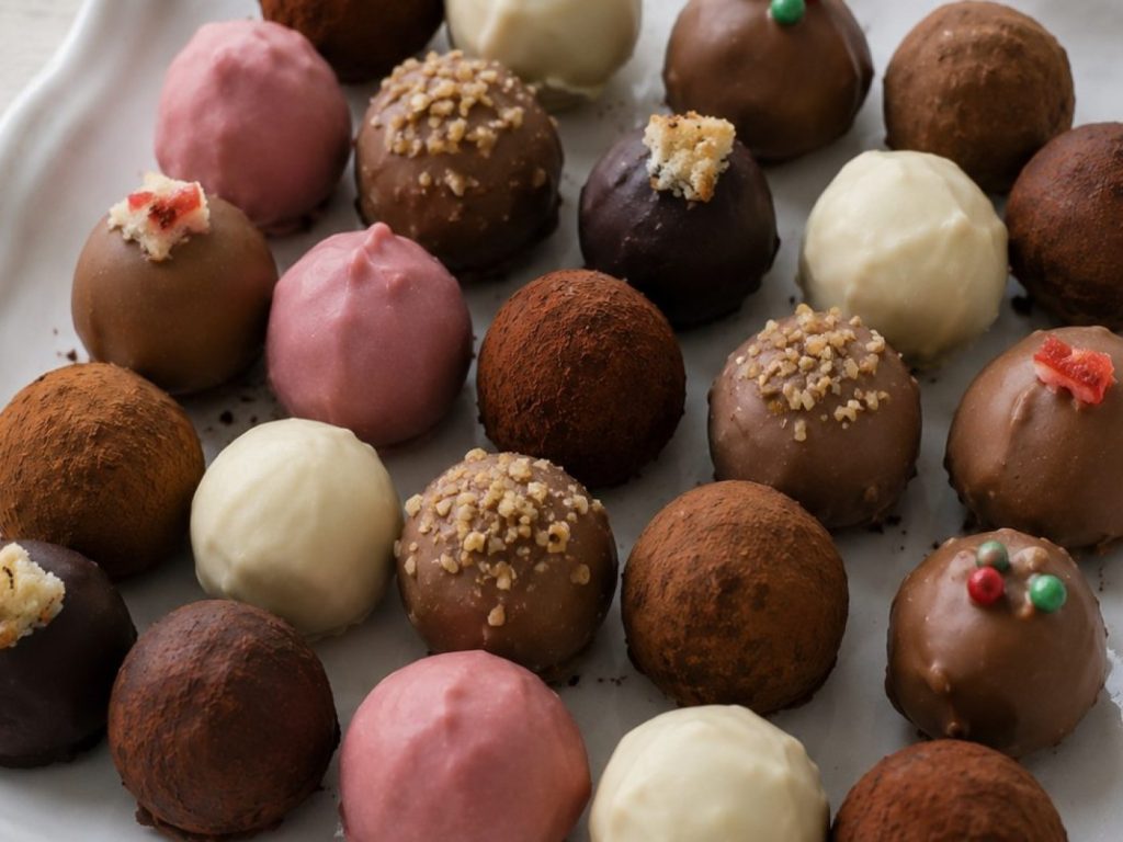 Schaal met verse slagroomtruffels in verschillende smaken